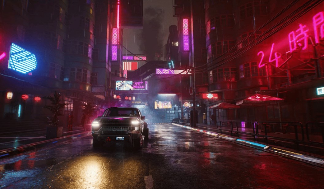 Immagine che illustra il gioco Cyberpunk 2077 con effetti visivi avanzati